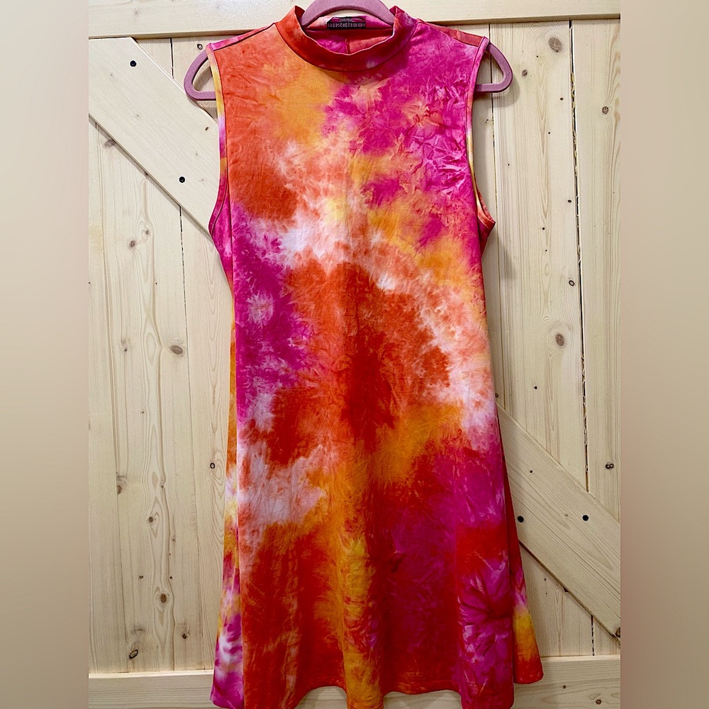 🤫 ❤️🥰Discreet Sunset Pink & Orange Tye Dye Soft to Touch Sleeveless MIDI Dress
